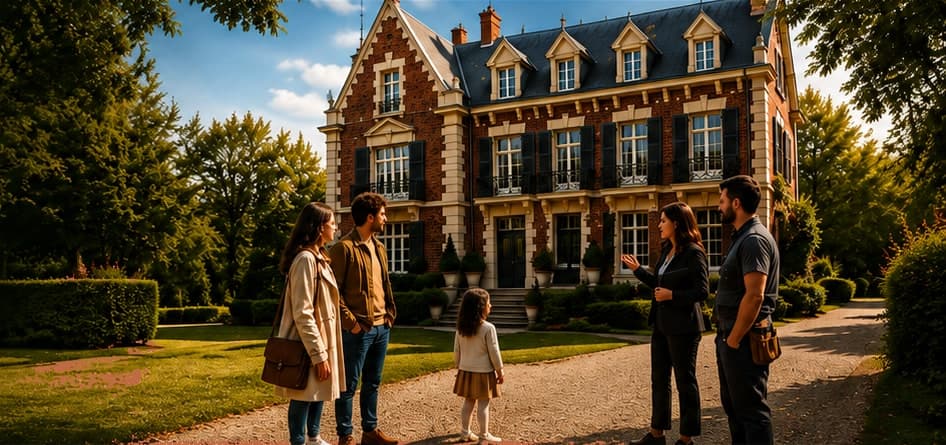 Une famille, son agent immobilier et un artisan devant une maison de caractère